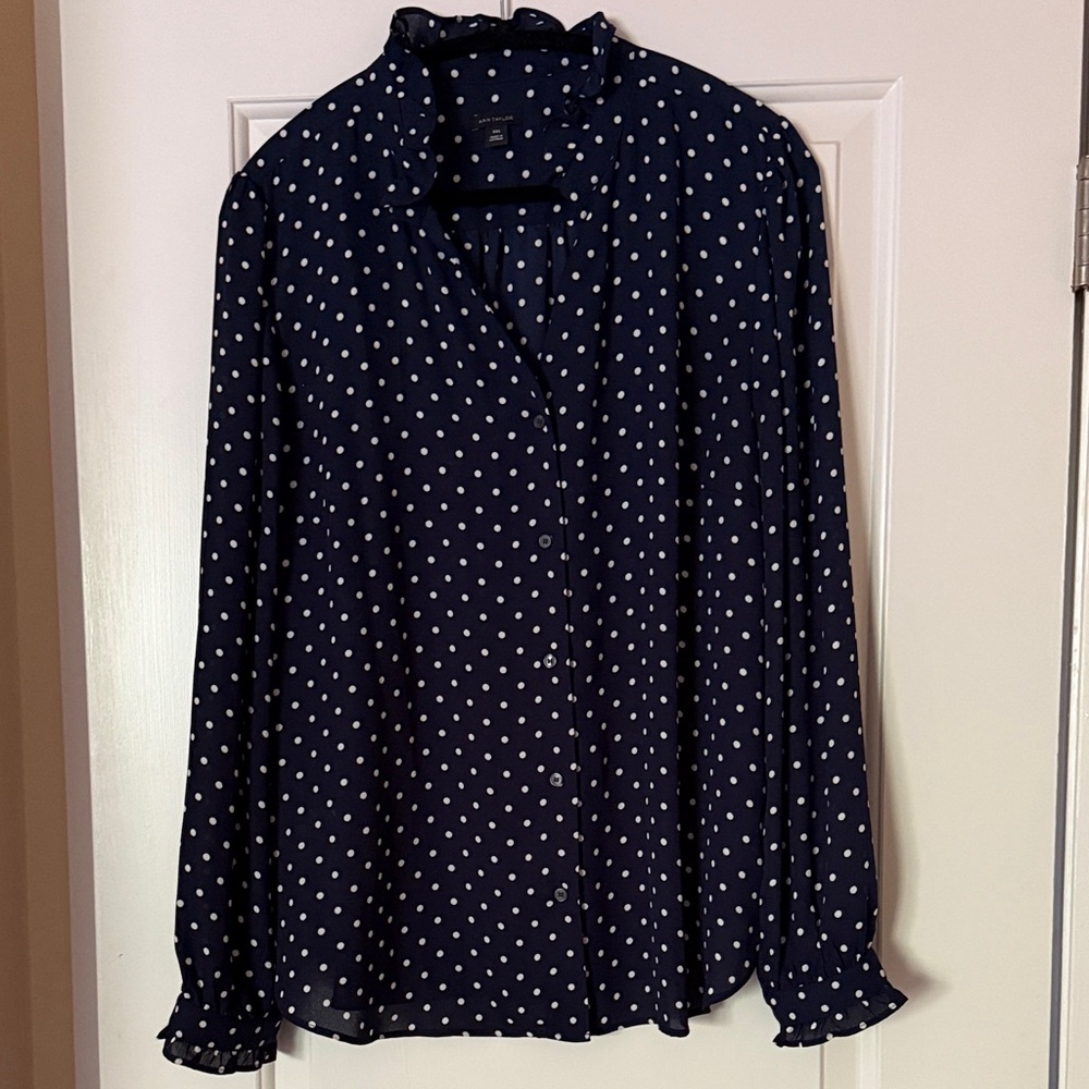 Ann Taylor Navy and White Polka Dot Blouse